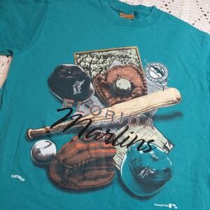 Vtg Florida Marlins T Shirt Mens L Teal  Nutmeg USA Embroidered Single Stitch 90